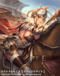 Rule 34 | 1girl, armor, blonde hair, blue eyes, blue sky, blush, breasts, cape, cleavage, cliff, closed mouth, commentary request, copyright notice, cuboon, elbow sleeve, forehead protector, frills, fur trim, gauntlets, helmet, horn (instrument), horse, horseback riding, large breasts, leg armor, long hair, looking at viewer, lost crusade, midriff, official art, parted lips, pelvic curtain, red cape, riding, sideboob, sky, solo, strap, thighhighs, thighs, visor