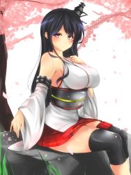 Rule 34 | 10s, 1girl, bare shoulders, black hair, blush, branch, breasts, cherry blossoms, detached sleeves, en (paorasuteki), floral print, fusou (kancolle), hair ornament, hand on own chest, headgear, kantai collection, large breasts, legs together, long hair, looking at viewer, looking to the side, miniskirt, nontraditional miko, outdoors, pleated skirt, red eyes, rock, sitting, sitting on rock, skirt, solo, tree, white background