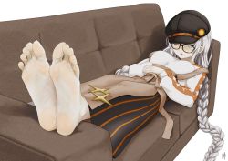 Rule 34 | 1girl, barefoot, blue eyes, braid, couch, feet, glasses, hat, highres, kizuna akari, long hair, looking at viewer, lying, on back, one eye closed, open mouth, soles, toes, voiceroid