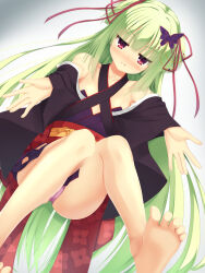 Rule 34 | 1girl, :t, \||/, absurdres, bare legs, bare shoulders, barefoot, black kimono, blunt bangs, blunt ends, blush, breasts, butterfly hair ornament, closed mouth, collarbone, commentary request, commission, criss-cross halter, embarrassed, feet, foot out of frame, frown, green hair, grey background, hair ornament, hair ribbon, halterneck, highres, hime cut, incoming hug, japanese clothes, jitome, kimono, knees together feet apart, legs, legs up, long hair, long sleeves, looking at viewer, lying, murasame (senren), nose blush, on back, outstretched arms, panties, panty peek, pink panties, pom pom (clothes), pout, red eyes, red ribbon, reiji tsukimi, ribbon, senren banka, short kimono, sidelocks, simple background, small breasts, soles, solo, straight hair, thighs, toes, two side up, underwear, v-shaped eyebrows, very long hair, wide sleeves