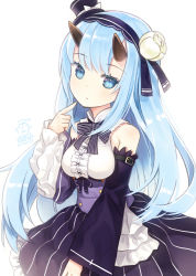 Rule 34 | 1girl, azur lane, blue eyes, blue hair, breasts, capriccio, closed mouth, commentary request, dated, detached sleeves, flower, frilled sleeves, frills, hair flower, hair ornament, horns, inazuma (azur lane), inazuma (vanilla pudding) (azur lane), long hair, looking at viewer, medium breasts, oni horns, pointing, pointing at self, signature, simple background, solo, swimsuit, underbust, very long hair, white background, wide sleeves