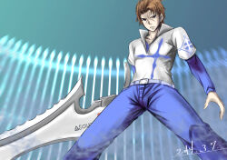 Rule 34 | 1boy, acqua of the back, ascalon, belt, blue pants, blue shirt, blue theme, brown hair, closed mouth, commentary, dated, feet out of frame, from below, highres, holding, holding sword, holding weapon, huge weapon, legs apart, long sleeves, looking at viewer, mu- (tel445566), pants, shirt, short sleeves, solo, standing, sword, toaru majutsu no index, toaru majutsu no index: old testament, weapon, white shirt