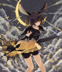 Rule 34 | 1girl, animal ears, banana mochi, black hair, black shorts, cloud, commentary, crescent, detached sleeves, highres, holding, holding weapon, horns, looking at viewer, moon al-mi&#039;raj, outdoors, rabbit ears, red eyes, shadowverse, shingeki no bahamut, short hair, short shorts, shorts, single horn, solo, standing, weapon