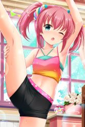 Rule 34 | 1girl, absurdres, alternative girls, aqua eyes, armpits, bare arms, bare legs, black shorts, candy, flower, food, highres, indoors, looking at viewer, mano sakurako, official art, one eye closed, open mouth, pink hair, pink sports bra, shorts, solo, sports bra, sportswear, sweat, twintails, white flower, window