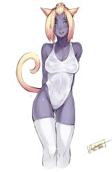 Rule 34 | 10s, 1girl, 2013, altera moontail, animal ears, arms behind back, bare shoulders, breasts, cat ears, cat tail, cleavage, contrapposto, dated, faustsketcher, final fantasy, final fantasy xiv, heterochromia, highres, large breasts, miqo&#039;te, one-piece swimsuit, original, red eyes, short hair, solo, square enix, standing, swimsuit, tail, thighhighs, wet, white one-piece swimsuit, white thighhighs, yellow eyes