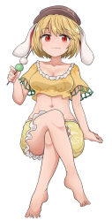 Rule 34 | 1girl, animal ears, barefoot, blonde hair, breasts, brown hat, chups, closed mouth, collarbone, crossed legs, dango, eating, food, frills, hair between eyes, hand up, hat, highres, large breasts, looking to the side, orange shirt, rabbit ears, red eyes, ringo (touhou), shirt, short hair, short sleeves, shorts, simple background, smile, solo, t-shirt, touhou, wagashi, white background, yellow shorts