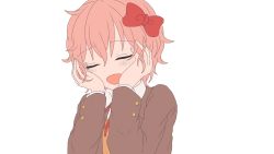 Rule 34 | blush, bow, closed eyes, doki doki literature club, hair bow, hair ornament, hands on own cheeks, hands on own face, jacket, kyu-kurarin (cevio), misogi ria, open mouth, pink hair, red bow, ribbon, sayori (doki doki literature club), school uniform, short hair, smile, transparent background, white background