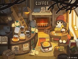 Rule 34 | 1girl, animal, artist name, bag, basket, beanie, black cat, cafe, cat, chair, coffee, coffee mug, coffee pot, commentary, counter, cup, drinking, fireplace, food, hat, highres, holding, holding cup, hood, hood down, hoodie, indoors, kettle, ladder, mug, original, pancake, plant, potted plant, red beanie, shelf, shimarisu yukichi, short hair, sign, sitting, squirrel, stirring, table, vegetable, window, wood, yellow hoodie