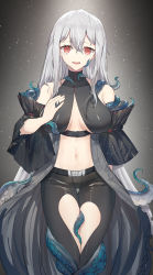 Rule 34 | 1girl, :d, absurdres, arknights, bare shoulders, belt, black pants, breasts, chinese commentary, cleavage, clothing cutout, commentary request, crying, crying with eyes open, detached sleeves, empty eyes, feet out of frame, gradient background, grey background, hand on own chest, highres, large breasts, light particles, long hair, navel, open mouth, pants, red eyes, revealing clothes, short sleeves, silver hair, skadi (arknights), smile, solo, standing, stomach, straight hair, tears, tentacles, thigh cutout, thigh gap, underbust, vchan, very long hair