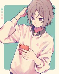 Rule 34 | cellphone, grey hair, hand on head, kiryuu yoshiya, phone, purple hair, smartphone, subarashiki kono sekai, sweater