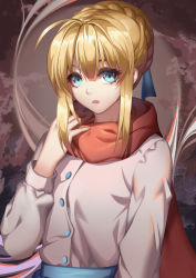 Rule 34 | 1girl, absurdres, adjusting scarf, ahoge, alternate costume, artoria pendragon (all), artoria pendragon (fate), blonde hair, blue ribbon, braid, casual, cowboy shot, fate/grand order, fate/stay night, fate (series), french braid, green eyes, hair between eyes, henz, highres, looking at viewer, open mouth, ribbon, saber (fate), scarf, sidelocks, solo, white background