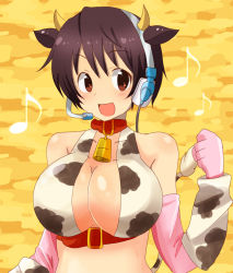 Rule 34 | 10s, 1girl, animal ears, animal print, bare shoulders, bell, neck bell, belt, black hair, breasts, brown eyes, cleavage, clenched hand, collar, cow ears, cow horns, cow print, cow tail, cowbell, elbow gloves, fake animal ears, gloves, headset, horns, huge breasts, idolmaster, idolmaster cinderella girls, large breasts, musical note, oikawa shizuku, open mouth, short hair, smile, solo, sr soba, tail