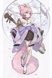 Rule 34 | 1girl, animal ears, ankle bow, ankle ribbon, architecture, armor, bare shoulders, bird, black collar, blue kimono, blunt bangs, bow, branch, cherry blossoms, collar, commentary, dove, east asian architecture, extra ears, falling petals, flower, full body, green eyes, hair bun, hair flower, hair ornament, hair stick, highres, instrument, instrument on back, japanese clothes, kimono, leg ribbon, long sleeves, neck flower, off shoulder, original, pauldrons, petals, pink hair, purple bow, qinghejunzi, ribbon, round window, sandals, shamisen, short hair, shoulder armor, single hair bun, single pauldron, socks, solo, standing, tabi, tail, tassel, white socks, wide sleeves, window
