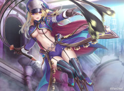 Rule 34 | :d, armband, belt, black gloves, black thighhighs, boots, breasts, building, character request, company name, gloves, hair between eyes, hat, holding, large breasts, long hair, long sleeves, looking at viewer, mizuya nao, motion blur, nova (tcg), official art, open mouth, outstretched arm, purple eyes, purple footwear, smile, solo, striped clothes, striped thighhighs, thighhighs, two side up, vertical-striped clothes, vertical-striped thighhighs, watermark, whip