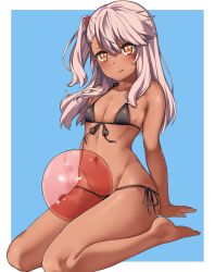 Rule 34 | 1girl, :q, absurdres, arm support, arms behind back, asymmetrical bangs, bad id, bad twitter id, ball, bare legs, barefoot, beachball, bikini, border, chloe von einzbern, commentary request, dark-skinned female, dark skin, fate/kaleid liner prisma illya, fate (series), flat chest, front-tie bikini top, front-tie top, hai ookami, hair bobbles, hair ornament, highres, long hair, looking at viewer, navel, one side up, orange eyes, outside border, pink hair, side-tie bikini bottom, simple background, sitting, solo, string bikini, sweatdrop, swimsuit, tongue, tongue out, wariza