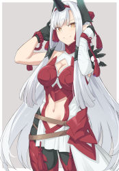 Rule 34 | 1girl, armor, armored dress, bare shoulders, belt, black gloves, blush, breasts, cleavage, cleavage cutout, closed mouth, clothing cutout, dress, fate/grand order, fate (series), feathers, gloves, horns, kiichi hougen (fate), large breasts, long hair, looking at viewer, navel, navel cutout, orange eyes, pointy ears, red armor, shiseki hirame, sidelocks, single horn, smile, solo, tassel, thighs, very long hair, white dress, white hair