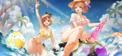 2girls :d absurdres arm_up armpits atelier_(series) atelier_resleriana atelier_ryza atelier_ryza_1 ball barefoot beach beach_umbrella beachball bikini blue_eyes blue_flower blue_sky bracelet braid breasts brown_eyes brown_hair cleavage cloud day feet feet_out_of_frame flower frilled_bikini frills hair_flower hair_ornament hat highres inflatable_toy jewelry long_hair looking_at_viewer multiple_girls navel necklace non-web_source ocean official_alternate_costume official_art open_mouth outdoors outstretched_arm palm_tree pink_bikini reisalin_stout reisalin_stout_(sunlit_beach) resna_sternenlicht resna_sternenlicht_(pretty_summer) short_hair sitting sky smile soles straw_hat sun_hat sunlight swimsuit toes tree umbrella wading water yellow_bikini