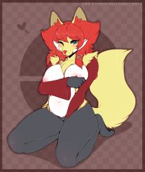 1girl absurdres animal_ears animal_hands artist_name between_legs blush border breast_hold breasts brown_background covering_breasts covering_privates creatures_(company) delphox english_text feet female_focus fox_ears fox_tail full_body furry furry_female game_freak gen_6_pokemon half-closed_eyes hand_between_legs hand_up heart highres kneeling large_breasts looking_at_viewer navel nintendo nipples one_eye_closed pokemon pokemon_(creature) pokemon_xy pussy red_hair short_hair simple_background sinfulwhispers15 sitting smile solo spread_legs tail text_focus tongue tongue_out uncensored wink