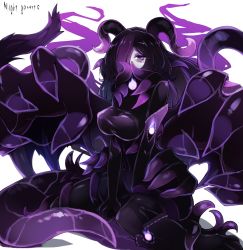 Rule 34 | 1girl, black hair, blush, breasts, character name, claws, demon girl, hair over one eye, highres, horns, large breasts, long hair, looking at viewer, monster girl, monster girl encyclopedia, night gaunt (monster girl encyclopedia), purple eyes, simple background, sitting, solo, very long hair, white background, yonaga san