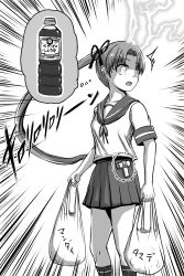 Rule 34 | 1girl, absurdres, ayanami (kancolle), bag, bottle, emphasis lines, greyscale, h2 (h20000000), highres, kantai collection, long hair, miniskirt, monochrome, newtype flash, plastic bag, plastic bottle, school uniform, serafuku, side ponytail, skirt, solo, surprised, thought bubble, translation request, very long hair