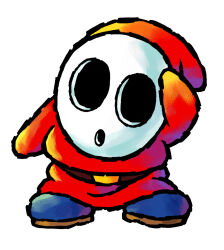 Rule 34 | 1boy, belt, blue footwear, boots, brown belt, highres, male focus, mario (series), mask, nintendo, official art, red tunic, shy guy, simple background, solo, white background, yoshi&#039;s island ds