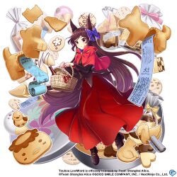 Rule 34 | 1girl, animal ears, bag, black shirt, blue bow, bow, brown eyes, brown hair, capelet, commentary, copyright name, copyright notice, cosplay, english commentary, food, fortune cookie (food), full body, game cg, hair bow, imaizumi kagerou, imaizumi kagerou (have an animal cookie), long hair, long skirt, long sleeves, looking at viewer, picnic basket, red capelet, red skirt, rotte (1109), sekibanki, sekibanki (cosplay), shirt, skirt, solo, third-party source, touhou, touhou lostword, translation request, very long hair, wolf ears, wolf girl