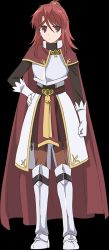 Rule 34 | 1girl, :o, armor, belt, boots, cape, clenched hand, finger gun, frown, full body, gloves, hair bun, hand on own thigh, high collar, knee boots, leila asprey, long hair, long sleeves, looking at viewer, non-web source, open mouth, red cape, red eyes, red hair, shuumatsu nani shitemasu ka?, simple background, single hair bun, solo, standing, transparent background, white background
