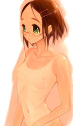 Rule 34 | 1girl, breasts, brown hair, forehead, glasses, goshiki suzu, green eyes, hair ornament, hairclip, looking to the side, navel, nipples, nude, one-piece tan, ribs, rimless eyewear, shiny skin, skinny, small breasts, solo, tan, tanline, tareme, upper body, wet