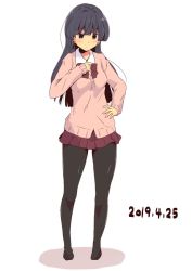 Rule 34 | 1girl, achiga school uniform, alternate costume, black footwear, black pantyhose, blue eyes, blue hair, bow, bowtie, cardigan, closed mouth, commentary, dated, dress shirt, full body, hand on own hip, hirose sumire, light frown, long hair, long sleeves, miniskirt, pantyhose, pink sweater, pleated skirt, red bow, red bowtie, red skirt, saki, saki (manga), saki achiga-hen, school uniform, shadow, shirt, shoes, simple background, skirt, solo, standing, sweater, tom q (tomtoq), white background, white shirt, wing collar