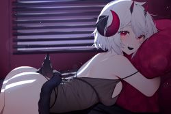 Rule 34 | 1girl, ass, bent over, black panties, breast press, breasts, horns, hugging object, indie virtual youtuber, indoors, leaning forward, looking at viewer, medium breasts, nano (nanoless), nanoless, nightgown, open mouth, original, panties, pillow, pillow hug, presenting, red eyes, short hair, short tail, sideboob, smile, solo, tail, thighs, thong, underwear, virtual youtuber, white hair, window