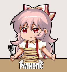 Rule 34 | 1girl, angry, bow, butter knife, chibi, collared shirt, commentary, english commentary, english text, food, food request, fork, fujiwara no mokou, grey background, hair between eyes, hair bow, jokanhiyou, long hair, looking at viewer, lowres, meme, pancake, pancake stack, plate, red eyes, shirt, short sleeves, silver hair, solo, suspenders, table, touhou, v-shaped eyebrows