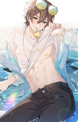 Rule 34 | 1boy, abs, bishounen, blush, brown eyes, brown hair, clothes lift, dt.calico, eating, eiden (nu carnival), eyewear on head, food, gem, highres, ice cream, lifting own clothes, light brown hair, long sleeves, looking at viewer, male focus, navel, nu carnival, pectorals, popsicle, see-through, shirt, shirt lift, short hair, smile, sunglasses, wet, wet clothes, wet shirt