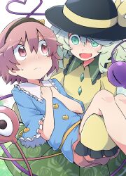 Rule 34 | 2girls, :d, black headwear, bow, carrying, commentary request, empty eyes, frilled shirt collar, frilled sleeves, frills, green eyes, green hair, hair between eyes, hairband, hands on own chest, hat, heart, heart of string, highres, komeiji koishi, komeiji satori, long hair, multiple girls, open mouth, pink eyes, pink hair, princess carry, shirt, short hair, siblings, sisters, smile, third eye, touhou, yellow bow, yellow shirt, yutamaro