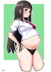Rule 34 | 1girl, big belly, bikini, bikini bottom only, black bikini, black panties, blunt ends, blush, closed mouth, commentary request, copyright request, cropped legs, from side, green background, green eyes, hair ornament, highres, kurosawa dia, long hair, looking at viewer, looking to the side, love live!, love live! sunshine!!, mole, mole under mouth, navel, necktie, no pants, outside border, panties, pregnant, red necktie, sailor collar, school uniform, serafuku, shigekikkusu, short sleeves, side-tie bikini bottom, side-tie panties, sidelocks, signature, solo, string bikini, string panties, swimsuit, thick thighs, thighs, underwear