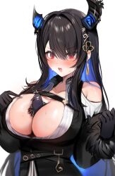 Rule 34 | 1girl, absurdres, asymmetrical horns, bare shoulders, between breasts, bird, black dress, black gloves, black hair, blue hair, blush, breasts, closed mouth, clothing cutout, colored inner hair, dress, earrings, fur-trimmed sleeves, fur trim, gloves, hair ornament, highres, hololive, hololive english, horns, jewelry, large breasts, long sleeves, looking down, maru ccy, multicolored hair, nerissa ravencroft, open mouth, red eyes, shoulder cutout, simple background, solo, upper body, v-shaped eyebrows, virtual youtuber, white background