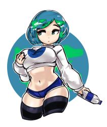 Rule 34 | 1girl, black nails, blue eyes, blue hair, bottle, breast lift, breasts, commentary, cowboy shot, crop top, cropped legs, deep skin, earth-chan, earth (planet), english commentary, green eyes, green hair, grey thighhighs, highres, large breasts, looking away, looking to the side, medium breasts, midriff, multicolored eyes, multicolored hair, nail polish, navel, original, outline, personification, planet, plastic bottle, short hair, short shorts, shorts, skindentation, solo, standing, striped clothes, striped thighhighs, sweater, swept bangs, thighhighs, thighs, two-tone hair, water bottle, white outline, zanamaoria