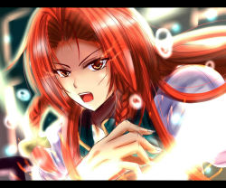 Rule 34 | 1girl, alternate eye color, bad id, bad pixiv id, bow, braid, fingernails, glowing, glowing eyes, hair bow, hong meiling, letterboxed, light particles, light trail, long hair, looking at viewer, open mouth, red eyes, red hair, solo, touhou, twin braids, upper body, wendell