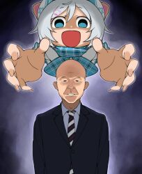 Rule 34 | .live, 1boy, 1girl, :d, arms at sides, bald, black eyes, black jacket, black suit, blue scarf, cat hair ornament, collared shirt, commentary request, cropped shoulders, dark background, dennou shoujo siro, empty eyes, formal, gariben girl v, glowing, grey hair, grey shirt, hair ornament, hat, highres, jacket, kotouge eiji, light smile, long sleeves, looking at viewer, okunin, open mouth, parted lips, plaid, plaid scarf, projected inset, raised eyebrows, reaching towards another, real life, sailor hat, scarf, shirt, short hair, smile, straight-on, suit, virtual youtuber