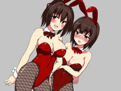 Rule 34 | 10s, 2girls, animal ears, blush, breast lift, breasts, brown hair, cleavage, fake animal ears, fishnet pantyhose, fishnets, hand on own hip, hyuuga (kancolle), ise (kancolle), kantai collection, koha (midnight pleasure), large breasts, looking at viewer, multiple girls, open mouth, pantyhose, playboy bunny, ponytail, rabbit ears, red eyes, ribbon, short hair, wrist cuffs