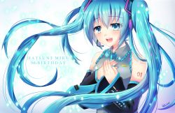 Rule 34 | 10s, 1girl, 2016, aqua eyes, aqua hair, aqua nails, bad id, bad pixiv id, character name, detached sleeves, eyes visible through hair, felicia-val, hands on own chest, hatsune miku, headset, highres, long hair, nail polish, necktie, open mouth, shirt, signature, sleeveless, sleeveless shirt, smile, solo, tattoo, twintails, upper body, vocaloid, wide sleeves