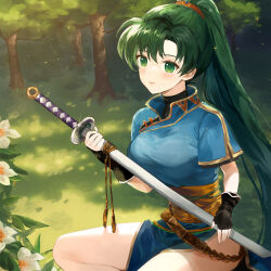 Rule 34 | 1girl, black gloves, blue dress, breasts, dress, fingerless gloves, fire emblem, fire emblem: the blazing blade, forest, gloves, green eyes, green hair, highres, holding, holding sheath, jurge, large breasts, long hair, lyn (fire emblem), nature, nintendo, pelvic curtain, ponytail, sheath, sheathed, short sleeves, side slit, smile, solo, sword, tree, very long hair, weapon