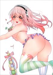 Rule 34 | 1girl, aki sakura, ass, bad id, bad pixiv id, bikini, blush, breasts, cleavage, food, frilled bikini, frilled swimsuit, frills, headphones, highres, large breasts, long hair, looking at viewer, macaron, navel, nitroplus, open mouth, pink hair, red eyes, smile, solo, super sonico, swimsuit, thighhighs, underboob