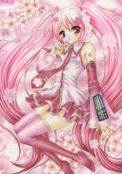 Rule 34 | 1girl, bad id, bad pixiv id, bare shoulders, boots, cherry blossoms, detached sleeves, hatsune miku, high heels, long hair, marker (medium), name connection, necktie, nib pen (medium), object namesake, painting (medium), pink eyes, pink footwear, pink hair, sakura miku, shoes, skirt, solo, thigh boots, thighhighs, traditional media, twintails, very long hair, vocaloid, yukiou