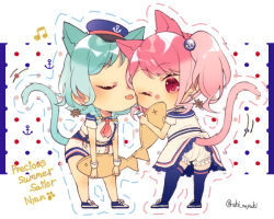 Rule 34 | 2girls, anchor hair ornament, anchor symbol, animal ears, aqua hair, bad id, bad pixiv id, bang dream!, bloomers, blue footwear, blue thighhighs, braid, breasts, cat ears, cat tail, chibi, cleavage, clothes lift, commentary request, dotted line, eating, english text, food, hair ornament, hat, hikawa hina, holding, holding food, kemonomimi mode, maruyama aya, mini person, minigirl, multiple girls, musical note, neckerchief, one eye closed, peaked cap, pink eyes, pink hair, red neckerchief, sailor collar, shino yuki, ship&#039;s wheel, shoes, shorts, side braids, skirt, skirt lift, standing, suspenders, tail, taiyaki, thighhighs, tongue, tongue out, twintails, twitter username, underwear, wagashi