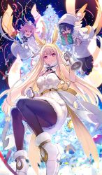 Rule 34 | 3girls, bell, black hair, black legwear, blonde hair, boots, box, capelet, christmas, christmas tree, commentary request, craft essence (fate), dress, fate/grand order, fate (series), fur-trimmed dress, fur trim, gift, gift box, hat, head wings, hildr (fate), hildr (ring the bell) (fate), long hair, looking at viewer, mini hat, multiple girls, official art, ortlinde (fate), ortlinde (ring the bell) (fate), pantyhose, pink eyes, pink hair, red eyes, ring the bell, santa hat, shirabi, short hair, smile, streamers, thrud (fate), thrud (ring the bell) (fate), valkyrie (fate), white capelet, white dress, white footwear, white hat, wings, yellow wings