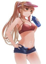 Rule 34 | 1girl, bikini, bikini under clothes, blue shorts, blunt bangs, bottle, breasts, cowboy shot, hair ornament, hair scrunchie, hand on own hip, hand up, hat, helena (kancolle), holding, holding bottle, kantai collection, long hair, looking to the side, medium breasts, navel, no nose, one-hour drawing challenge, open fly, parted lips, pink hat, pink scrunchie, ponytail, red bikini, scrunchie, short shorts, shorts, simple background, solo, swimsuit, thighs, very long hair, visor cap, wet, white background, yamashichi (mtseven)