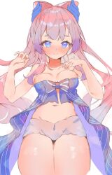 Rule 34 | 1girl, babydoll, blue horns, blush, bow-shaped hair, breasts, collarbone, genshin impact, gradient hair, groin, hands up, highres, horns, long hair, looking at viewer, medium breasts, multicolored hair, navel, nose blush, partially undressed, pink hair, purple babydoll, purple eyes, purple hair, sangonomiya kokomi, short shorts, shorts, smile, thick thighs, thighs, tsukise miwa, very long hair, white background, white shorts