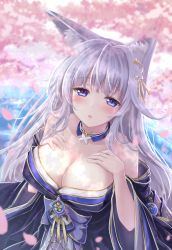 Rule 34 | 1girl, animal ears, azur lane, bare shoulders, blue eyes, blurry, breasts, choker, cleavage, collarbone, commentary request, depth of field, fox ears, from above, hair ornament, highres, japanese clothes, kimono, large breasts, long hair, looking at viewer, looking up, off shoulder, oyoyoyo, parted lips, petals, shinano (azur lane), sidelocks, silver hair, solo, wide sleeves