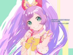 Rule 34 | 1girl, :d, ahoge, bare shoulders, bow, commentary request, dated, detached collar, detached sleeves, green eyes, grin, hair bow, hand up, happy birthday, idol clothes, long hair, looking at viewer, machico maki, manaka laala, open mouth, pink bow, pretty series, pripara, priticket, puffy detached sleeves, puffy sleeves, purple hair, smile, solo, treble clef, twintails, upper body, very long hair, yellow bow