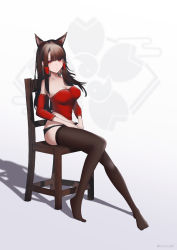 Rule 34 | 1girl, absurdres, akagi (azur lane), alternate costume, animal ear fluff, artist name, azur lane, black panties, breasts, brown hair, brown thighhighs, chair, chobiii7, cleavage, detached sleeves, feet, full body, gradient background, highres, long hair, looking at viewer, making-of available, medium breasts, panties, red eyes, sakura empire (emblem), simple background, sitting, solo, taut clothes, thighhighs, underwear